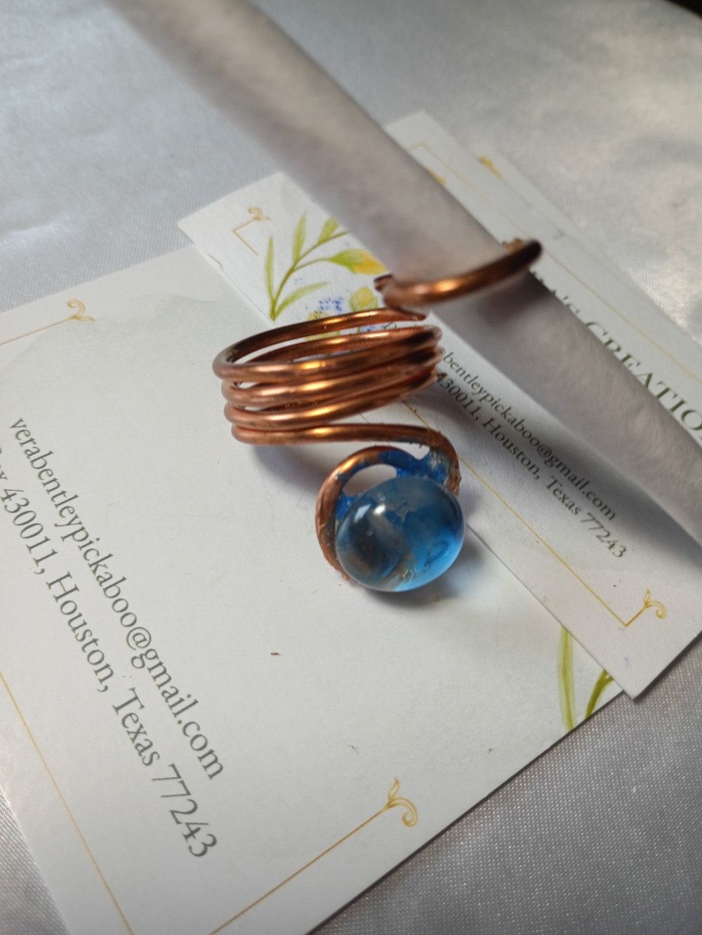 Copper Spiral Ring with Blue Glass Stone - Picture 12 of 12
